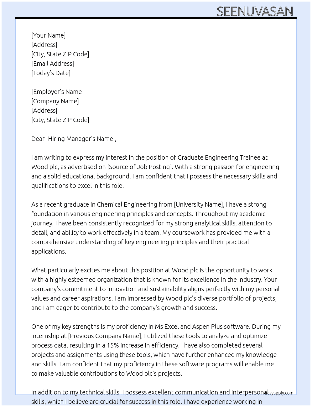 Graduate engineering trainee  At Wood plc Cover Letter