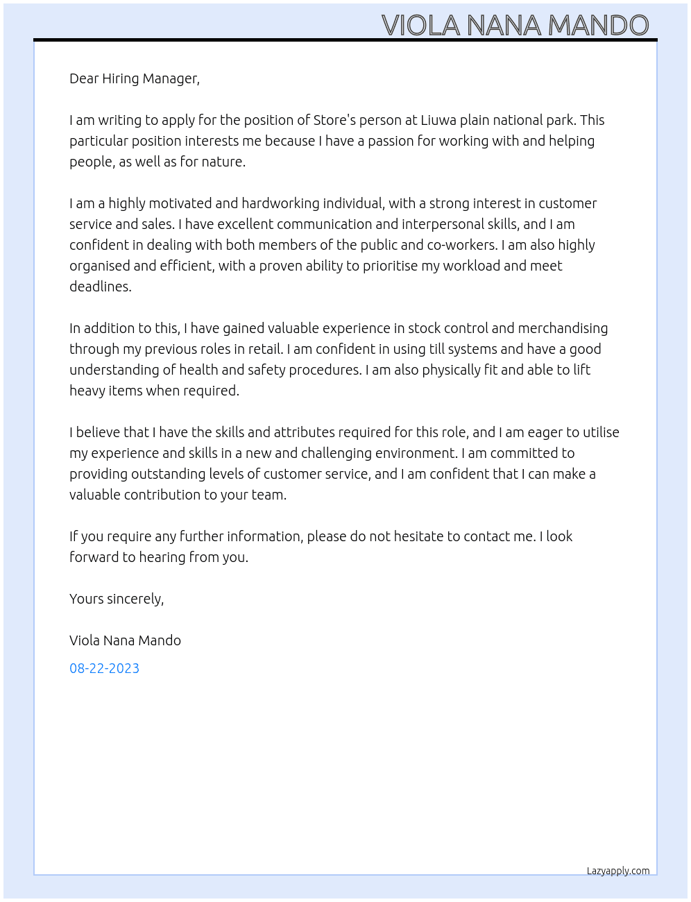Store's person  At Liuwa plain national park Cover Letter