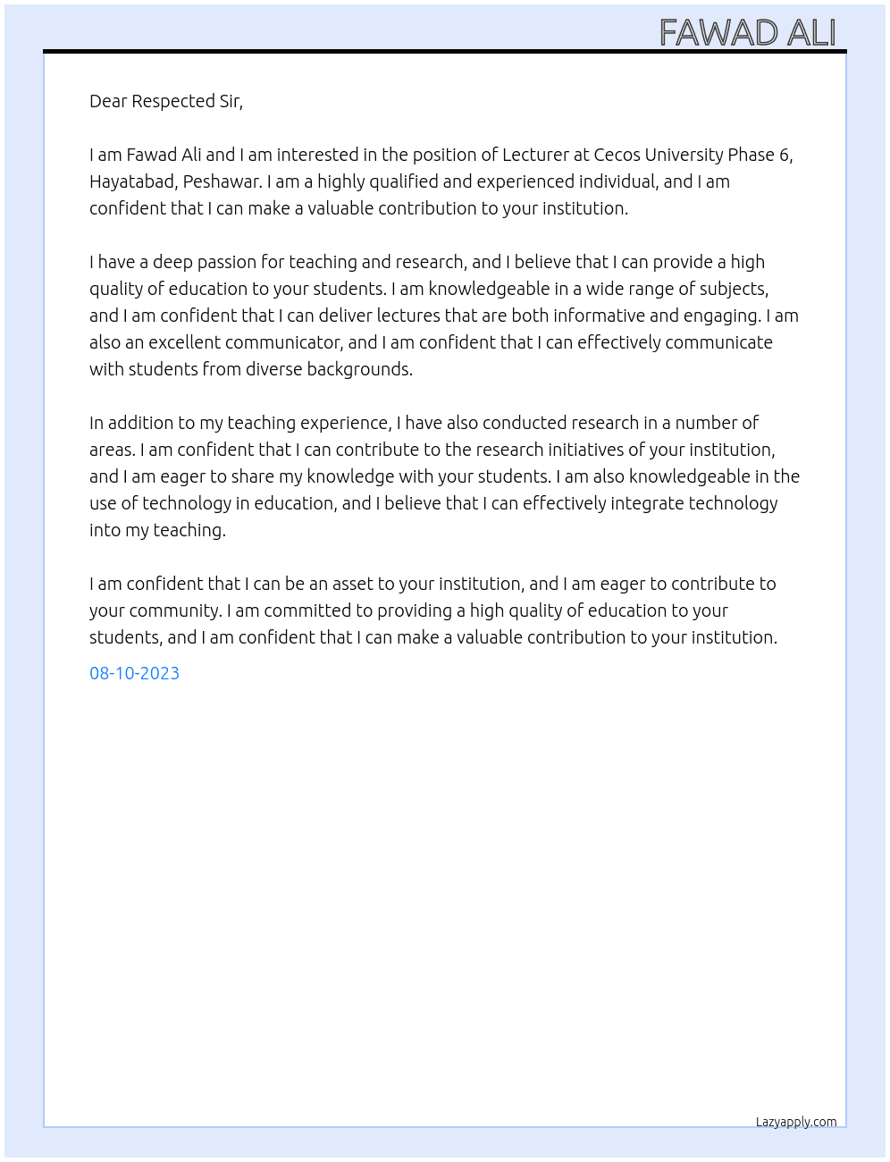 Lecturer  At Cecos University Phase 6, Hayatabat, Peshawar  Cover Letter