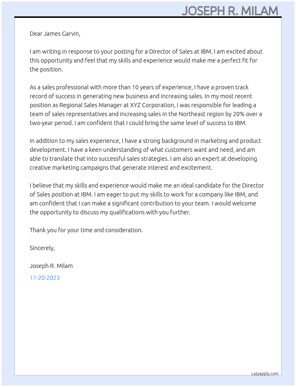Director of Sales At IBM  Cover Letter
