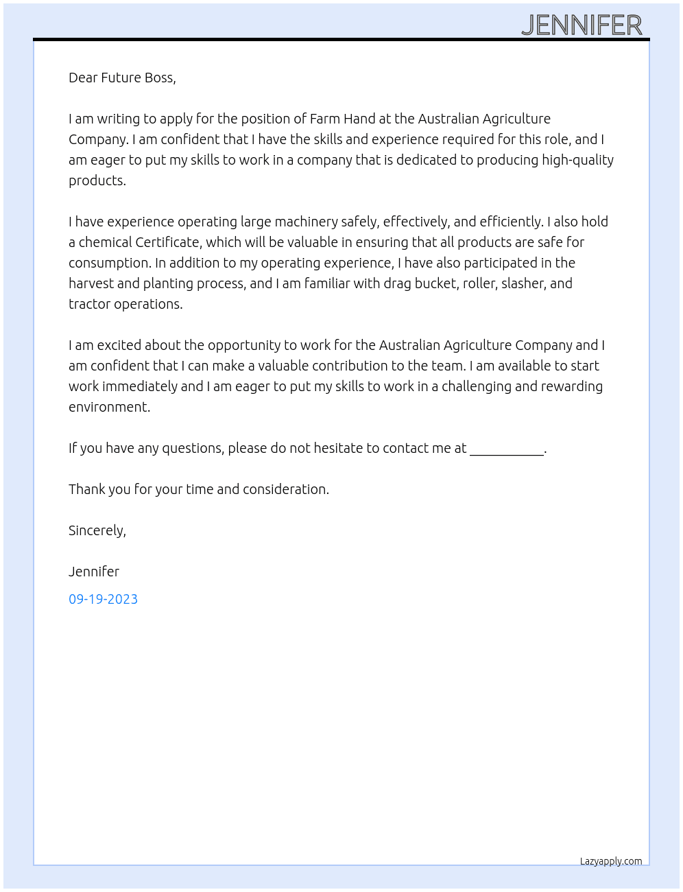 Farm Hand At Australian Agriculture Company  Cover Letter