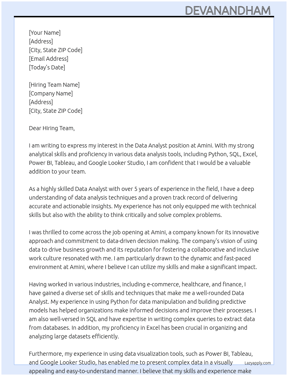Data analyst  At Amini Cover Letter