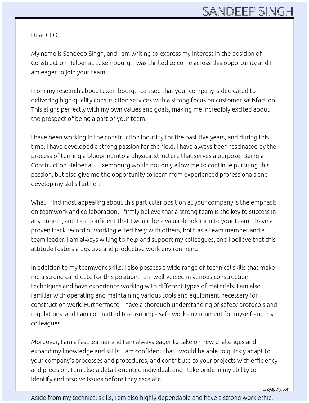 Construction helper At Luxembourg  Cover Letter