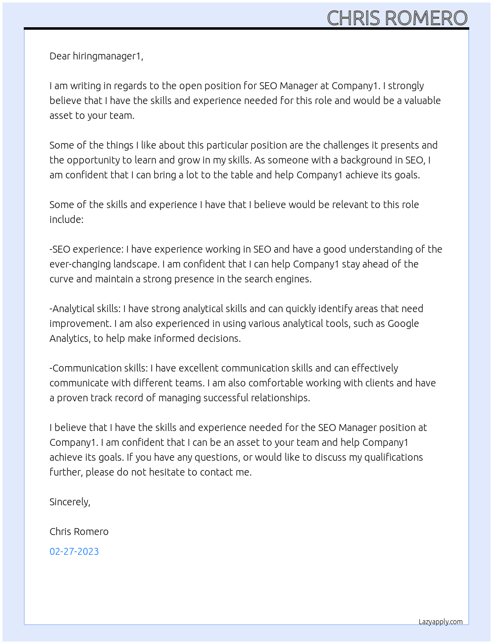 SEO Manager At Company1 Cover Letter