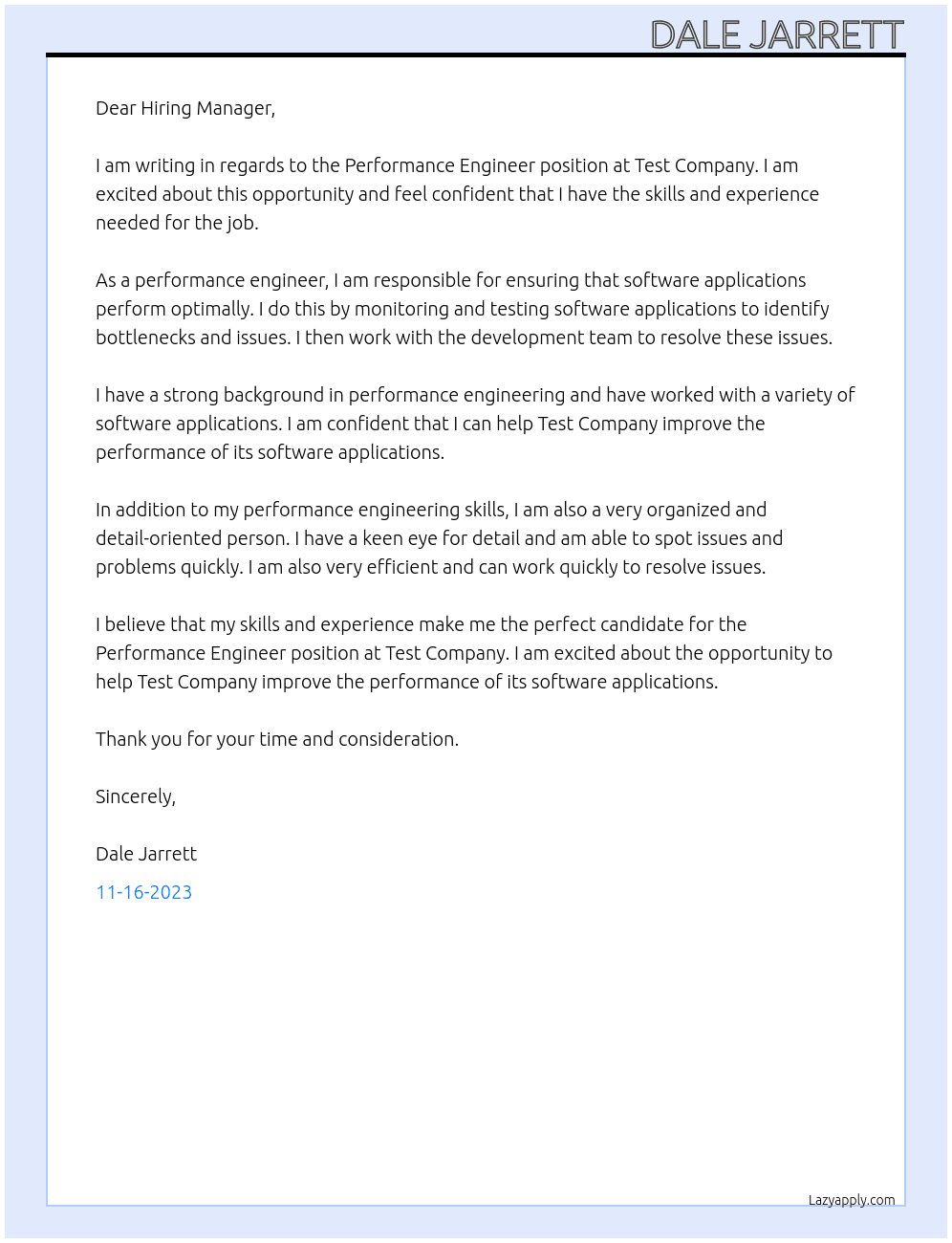 Performance Engineer At Test Company Cover Letter