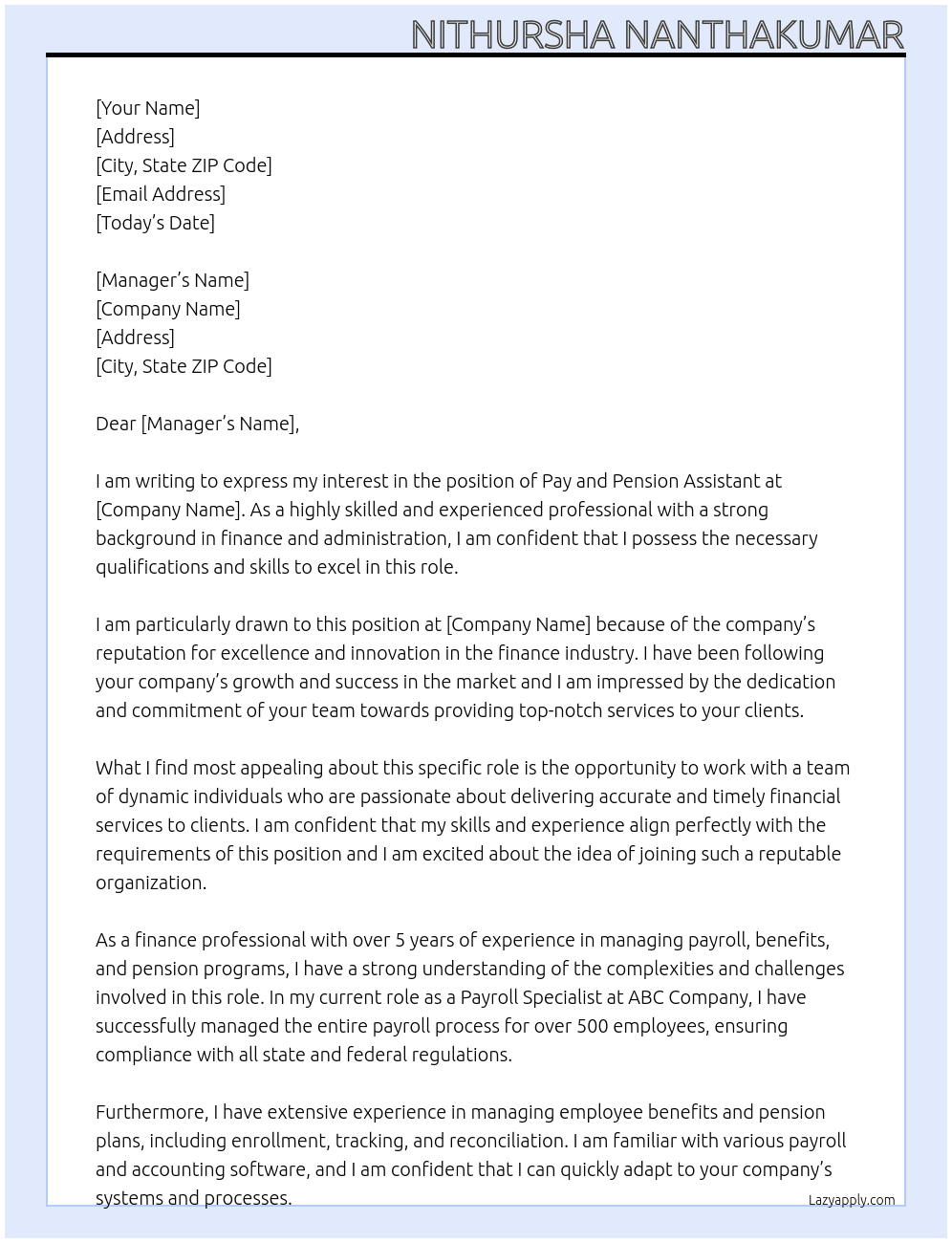 pay and pension assistant At dhu Cover Letter