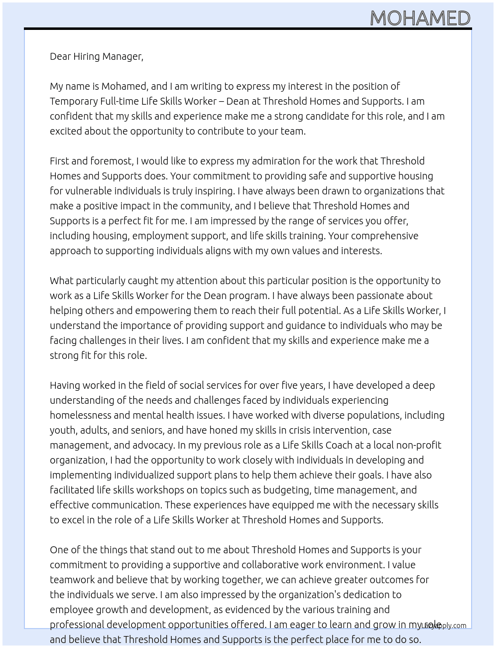 Temporary Full-time Life Skills Worker – Dean At Threshold Homes and supports  Cover Letter