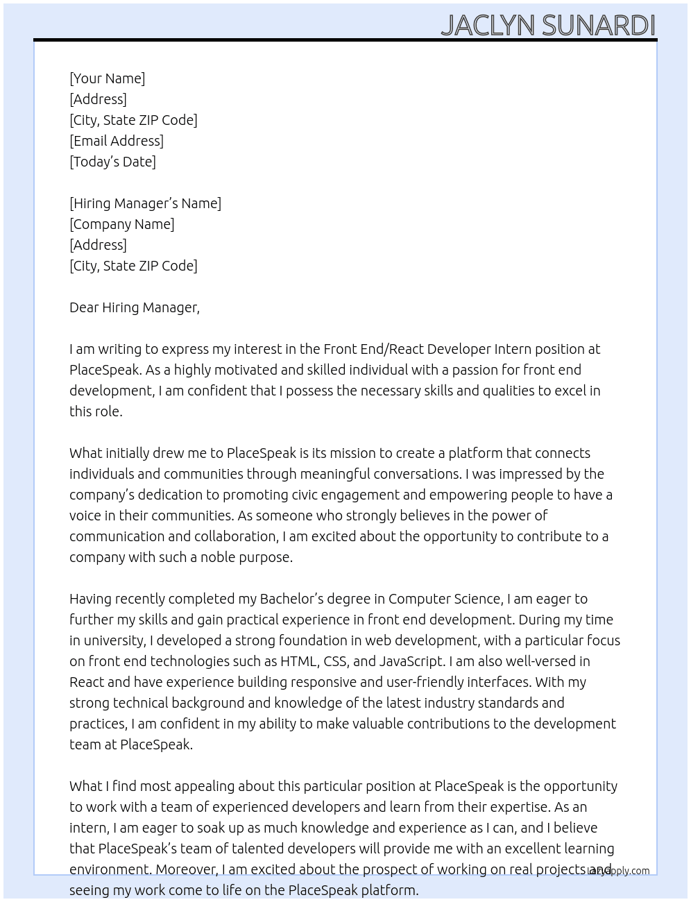 Front End / React Developer Intern At PlaceSpeak Cover Letter
