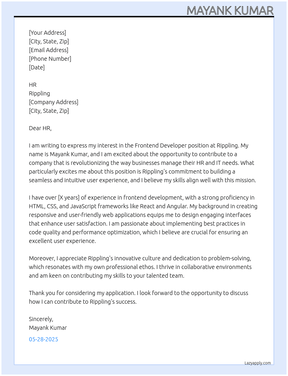 Cover letter for frontend develooper - LazyApply