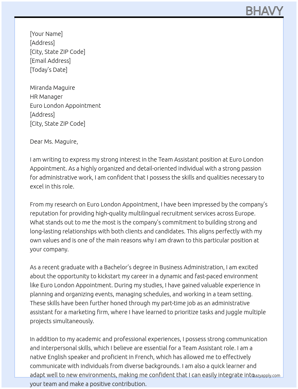 Team Assistant At Euro London Appointment Cover Letter