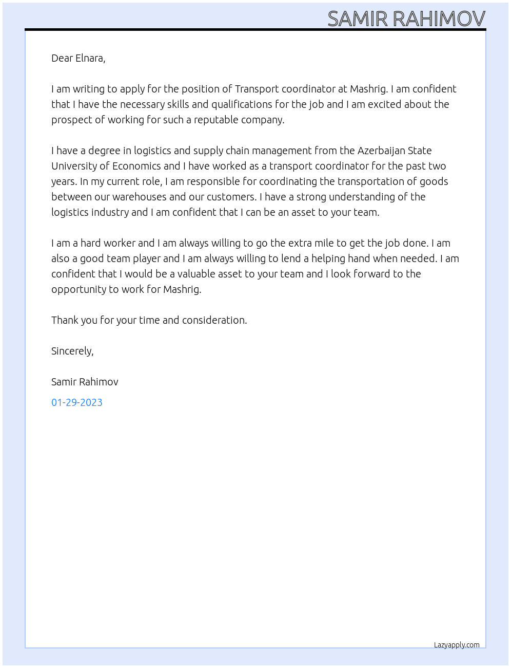 Transport coordinator At Mashrig Cover Letter