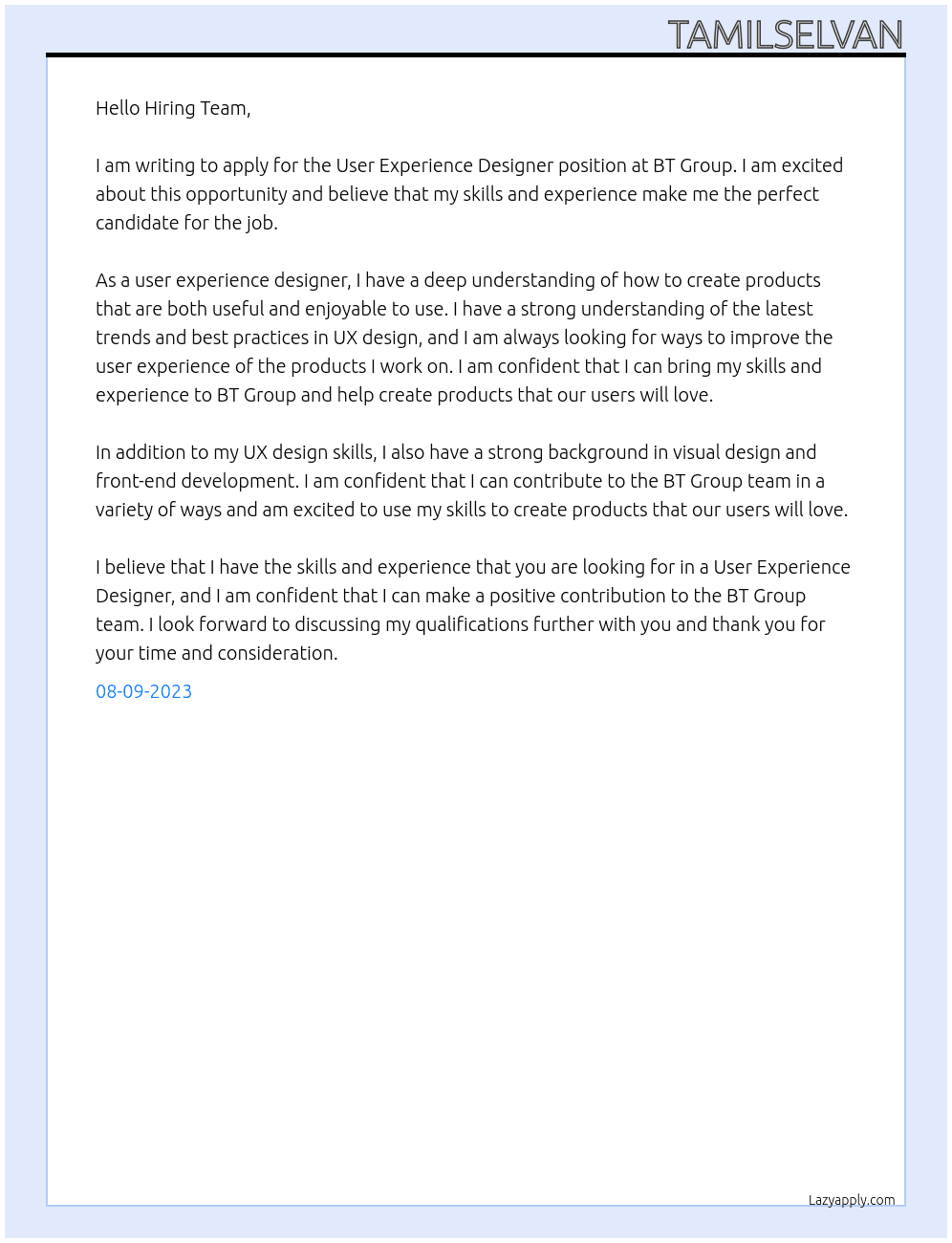 User Experience Designer At BT Group Cover Letter