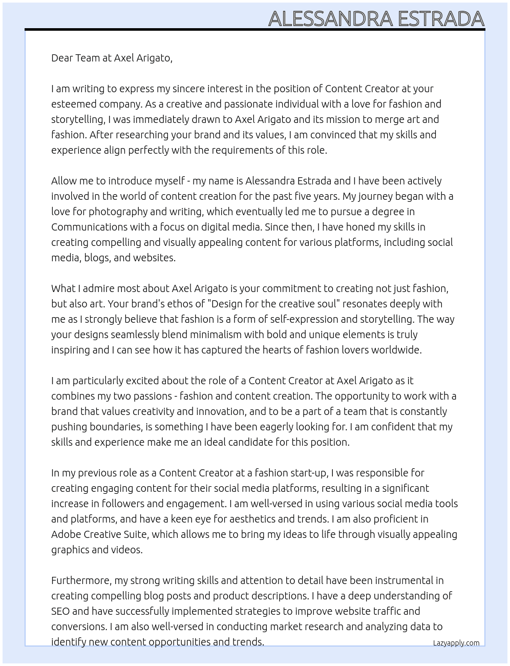 Content Creator At Axel Arigato Cover Letter