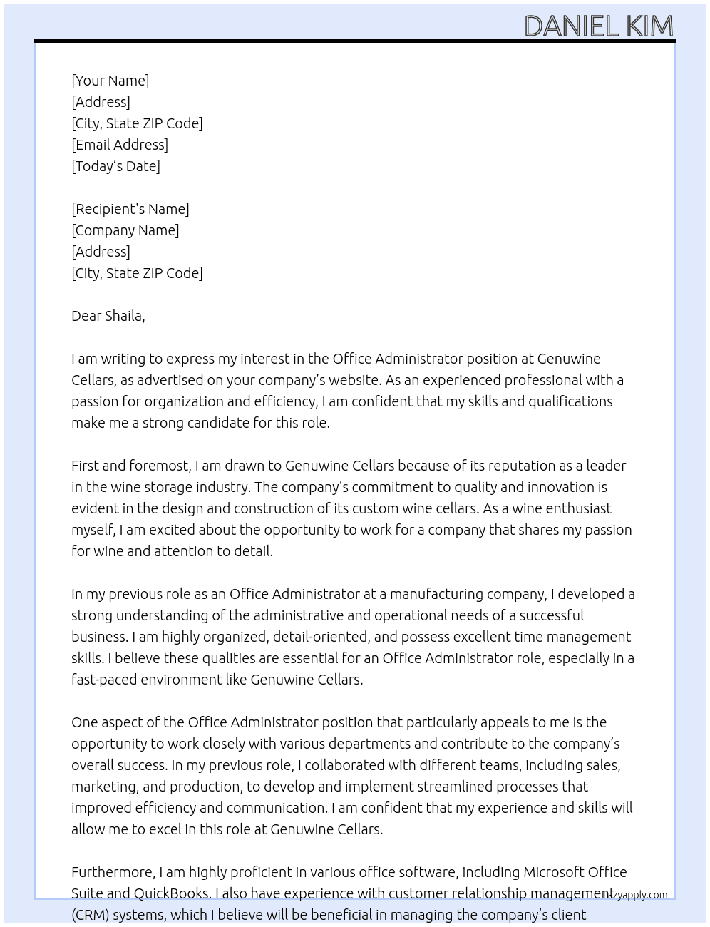 Office Administrator At Genuwine Cellars Cover Letter