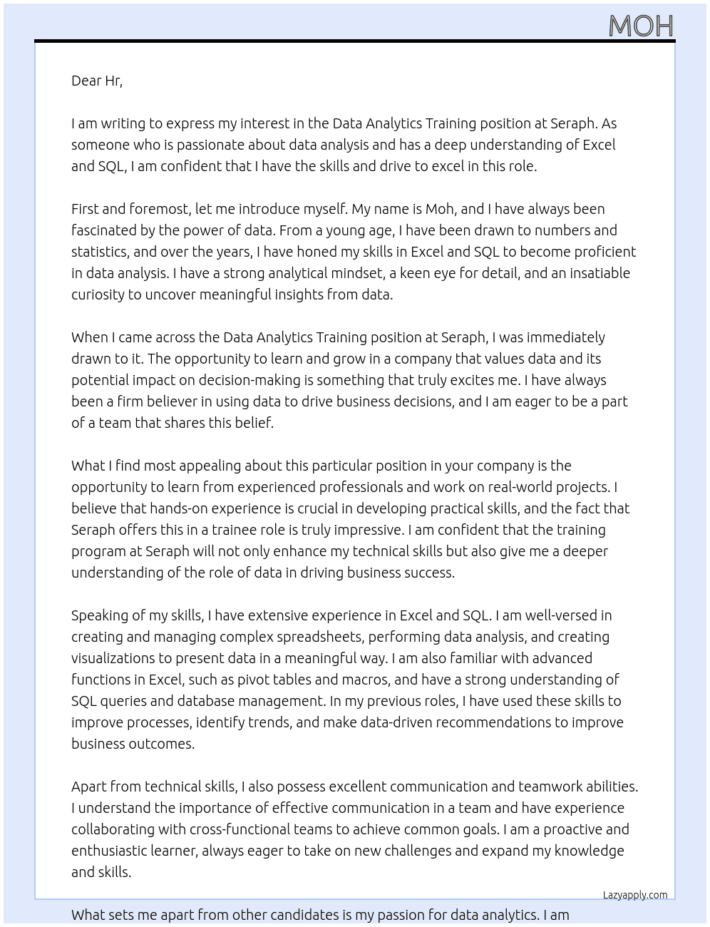 Data analytics training At Seraph Cover Letter