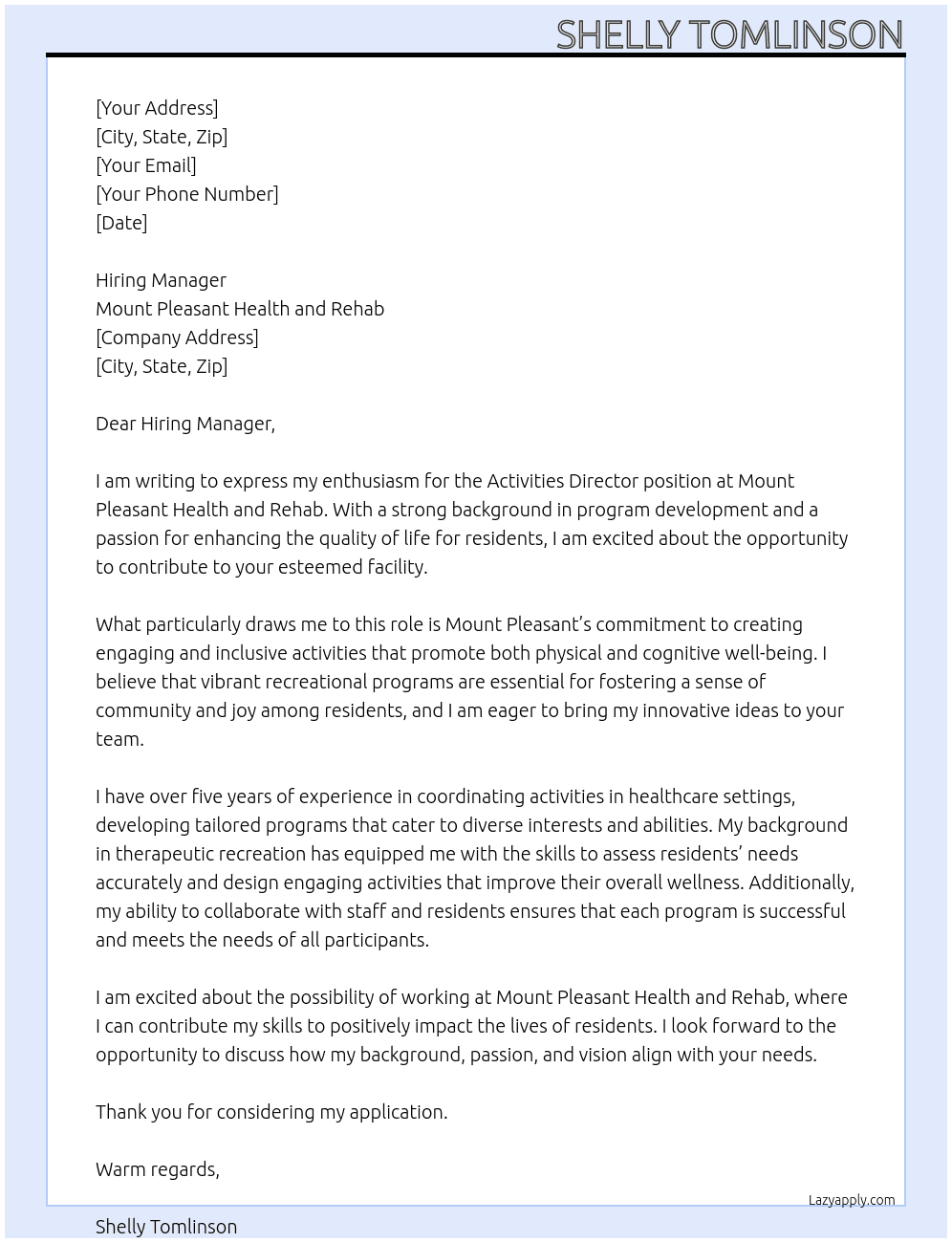 Cover letter for activities director - LazyApply