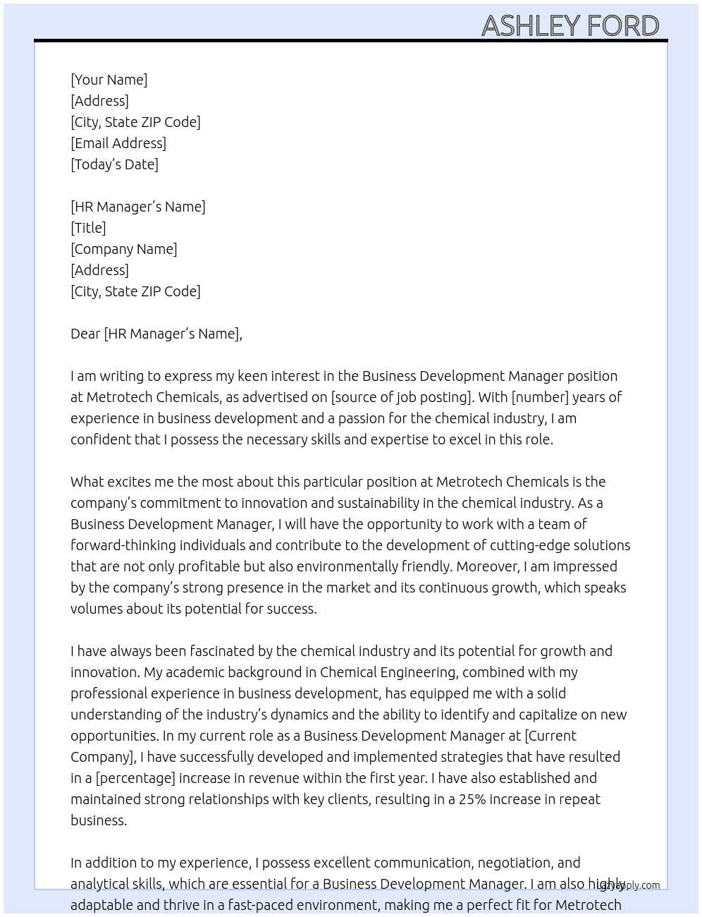 Business Development Manager  At Metrotech Chemicals Cover Letter