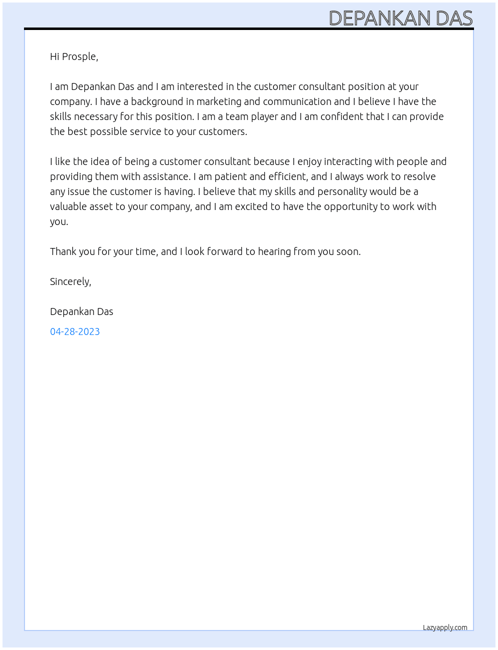 customer consultant At Prosple Cover Letter