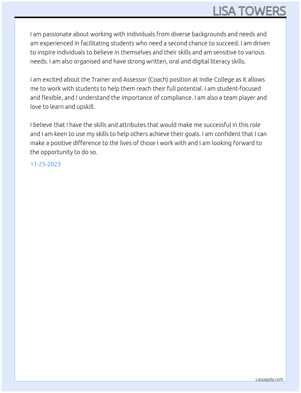 Trainer and Assessor (Coach) At Indie College Cover Letter