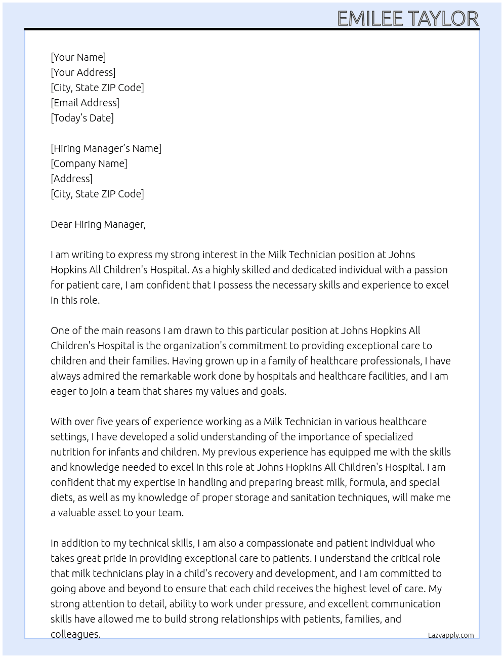 Milk Technician  At Johns Hopkins All Children’s Hospital  Cover Letter