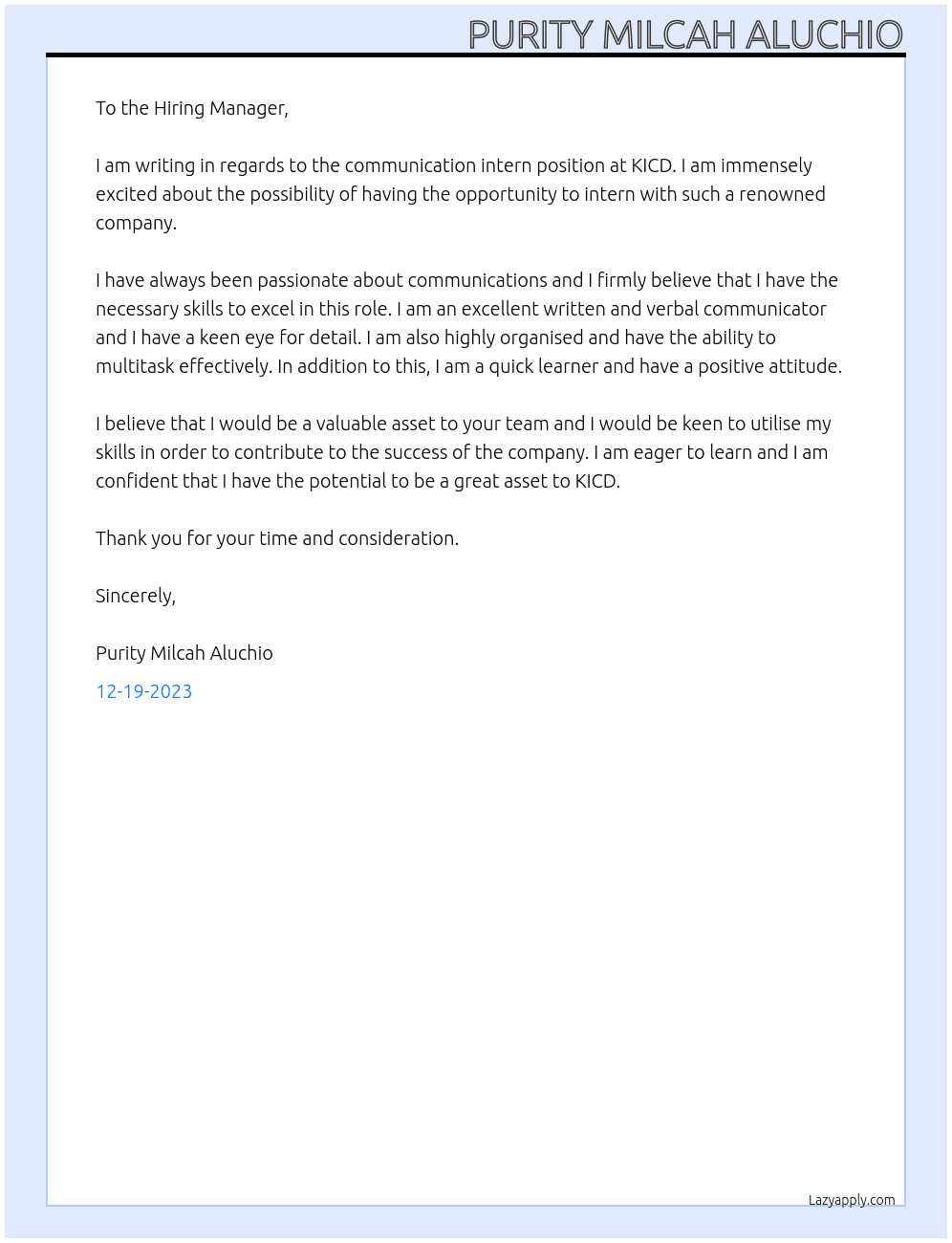 Communication intern At KICD Cover Letter
