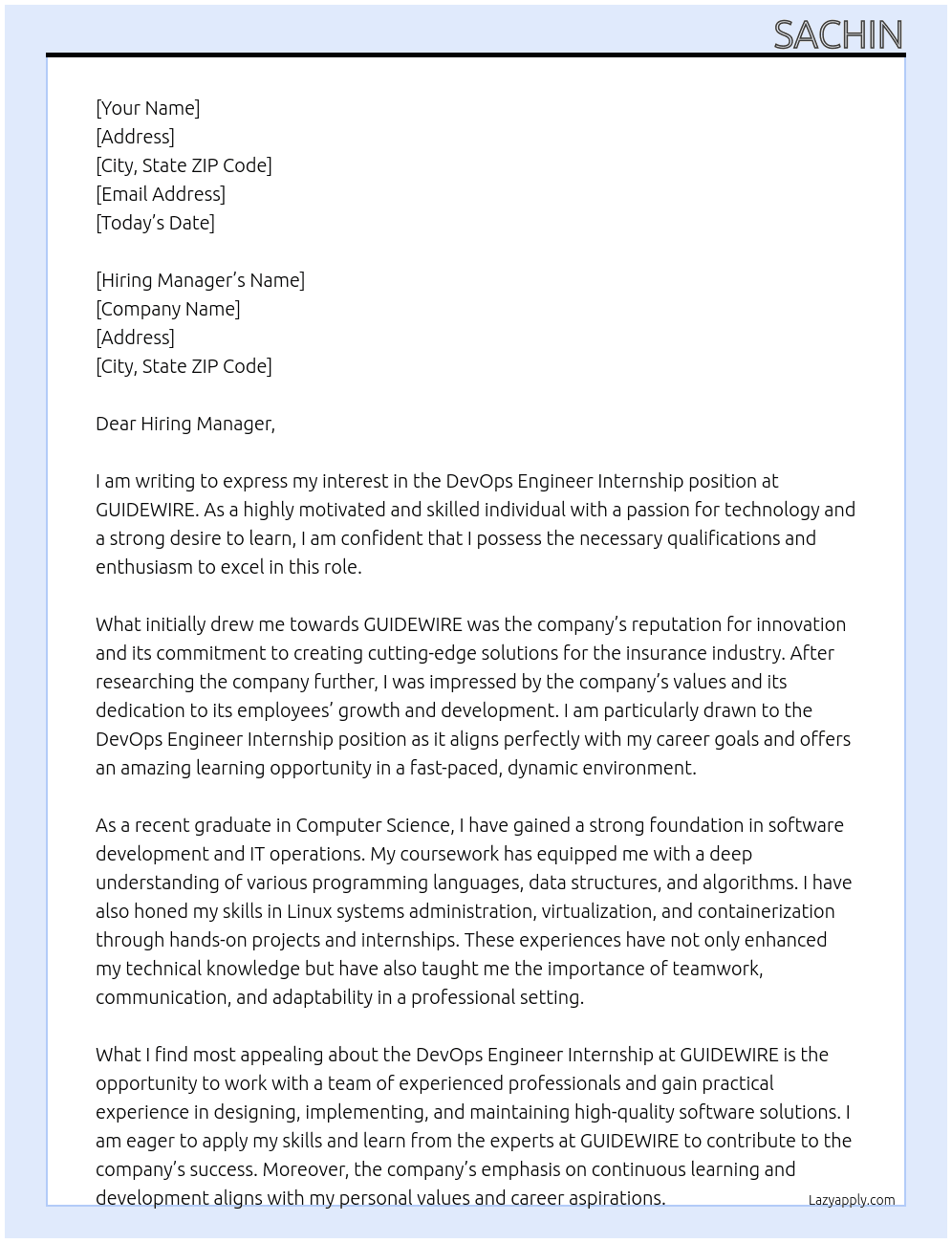 DevOps Engineer internship  At GUIDEWIRE Cover Letter