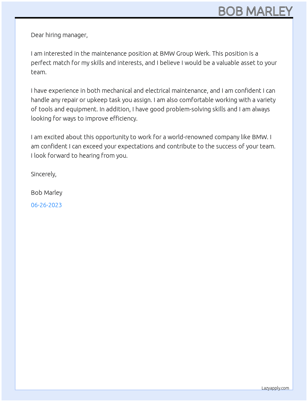 Instandhalter At BMW Group Werk  Cover Letter