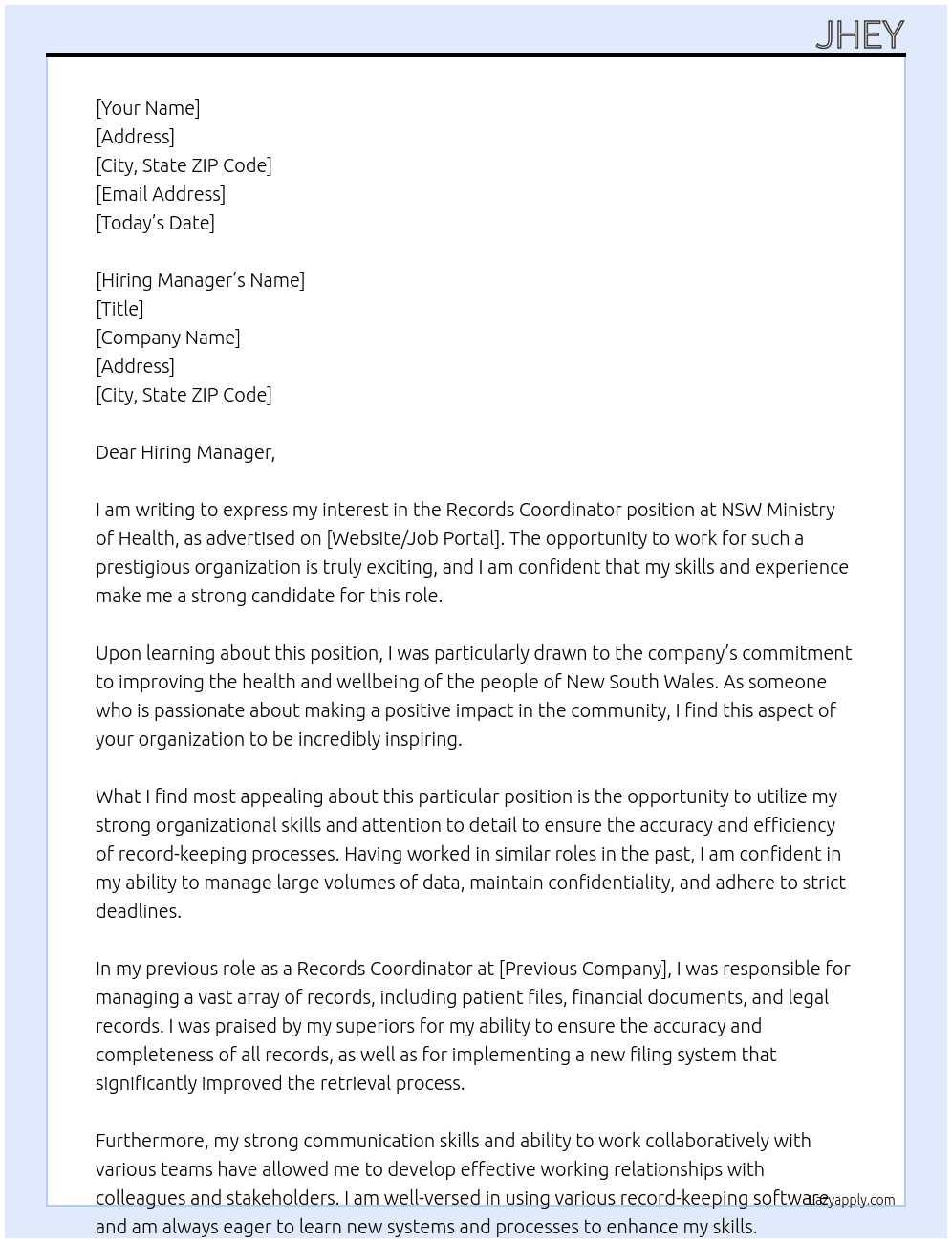 Records Coordinator At NSW Ministry of Health Cover Letter