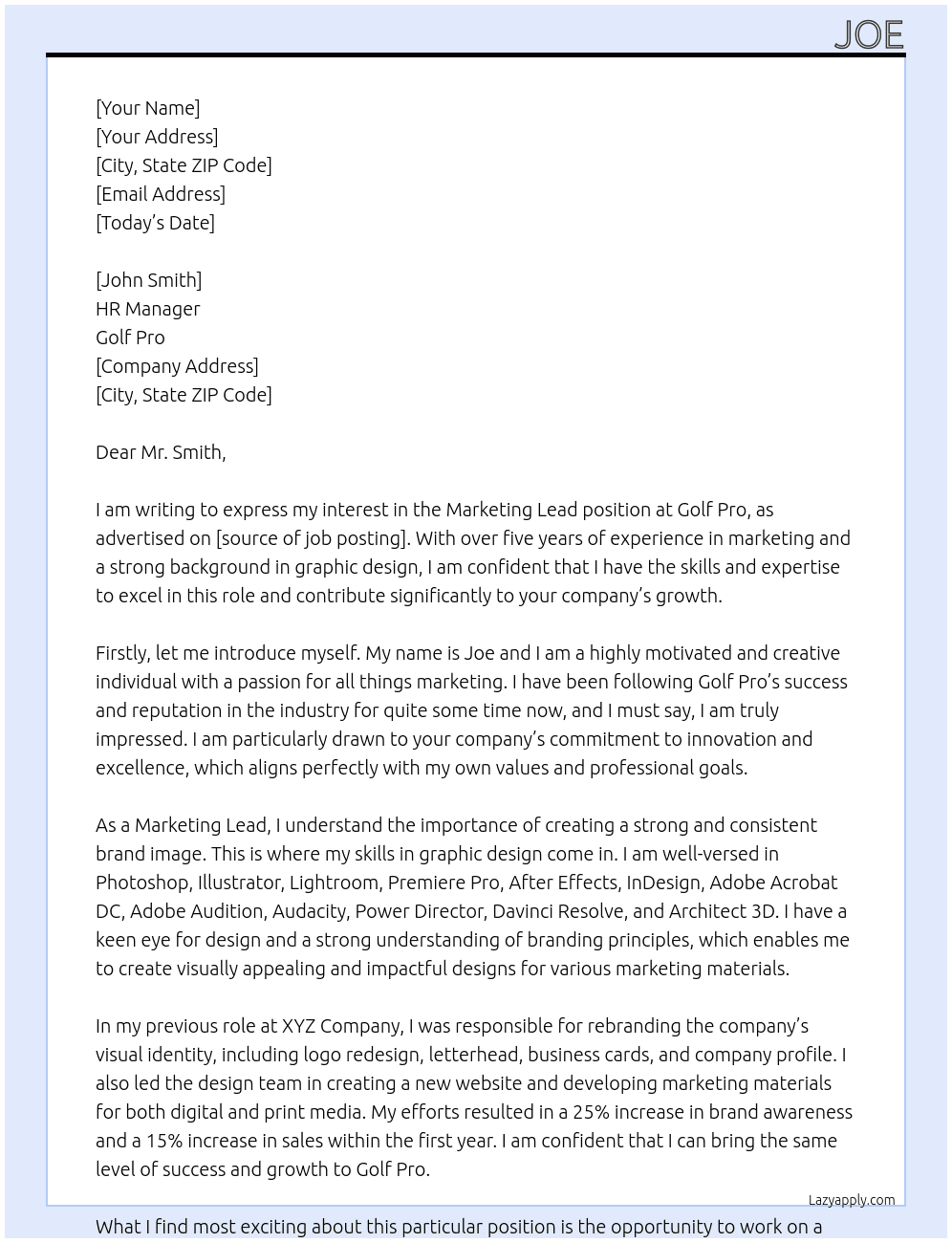 marketing lead At golf pro Cover Letter