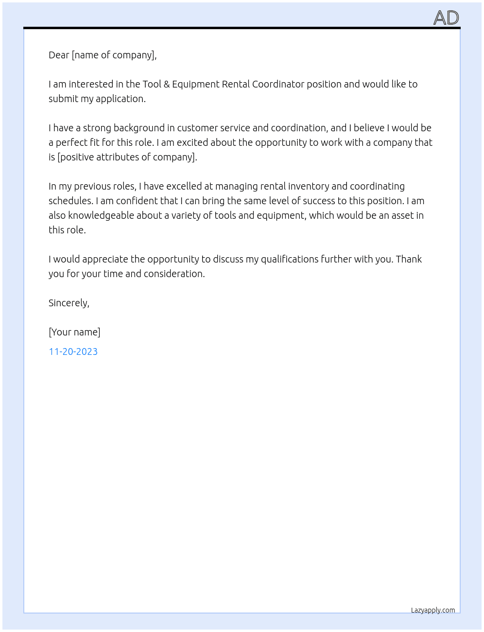 Tool & Equipment Rental Coordinator At ad Cover Letter
