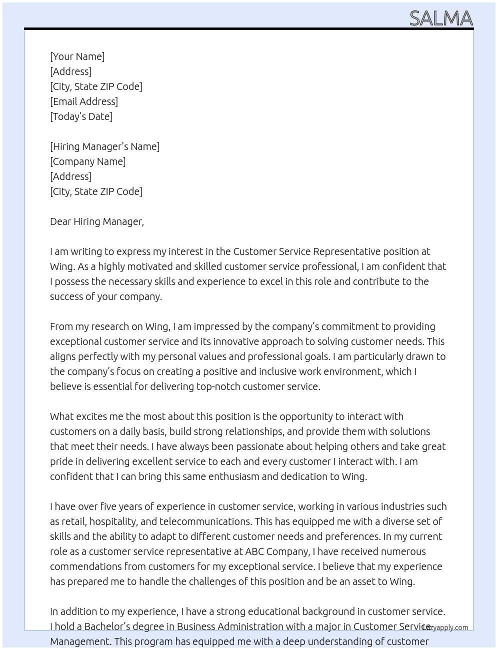 Customer Service Representative At Wing Cover Letter