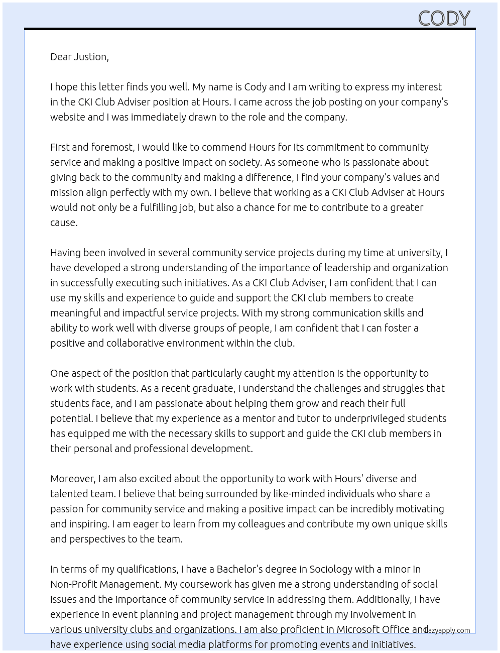 cki club adviser  At hours  Cover Letter