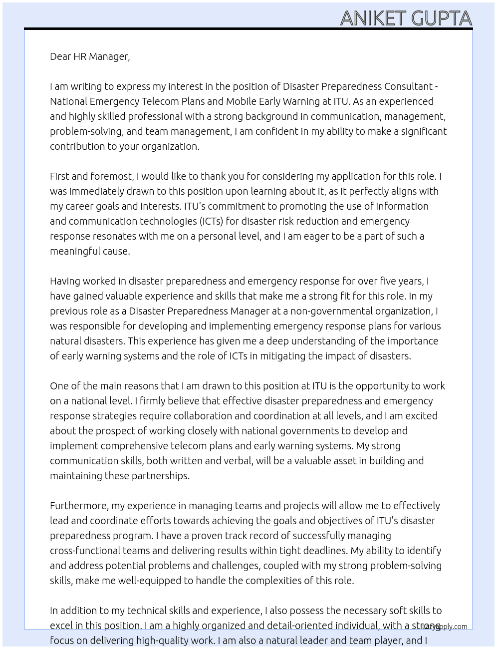 Disaster Preparedness Consultant - National Emergency Telecom Plans and Mobile Early Warning  At ITU Cover Letter