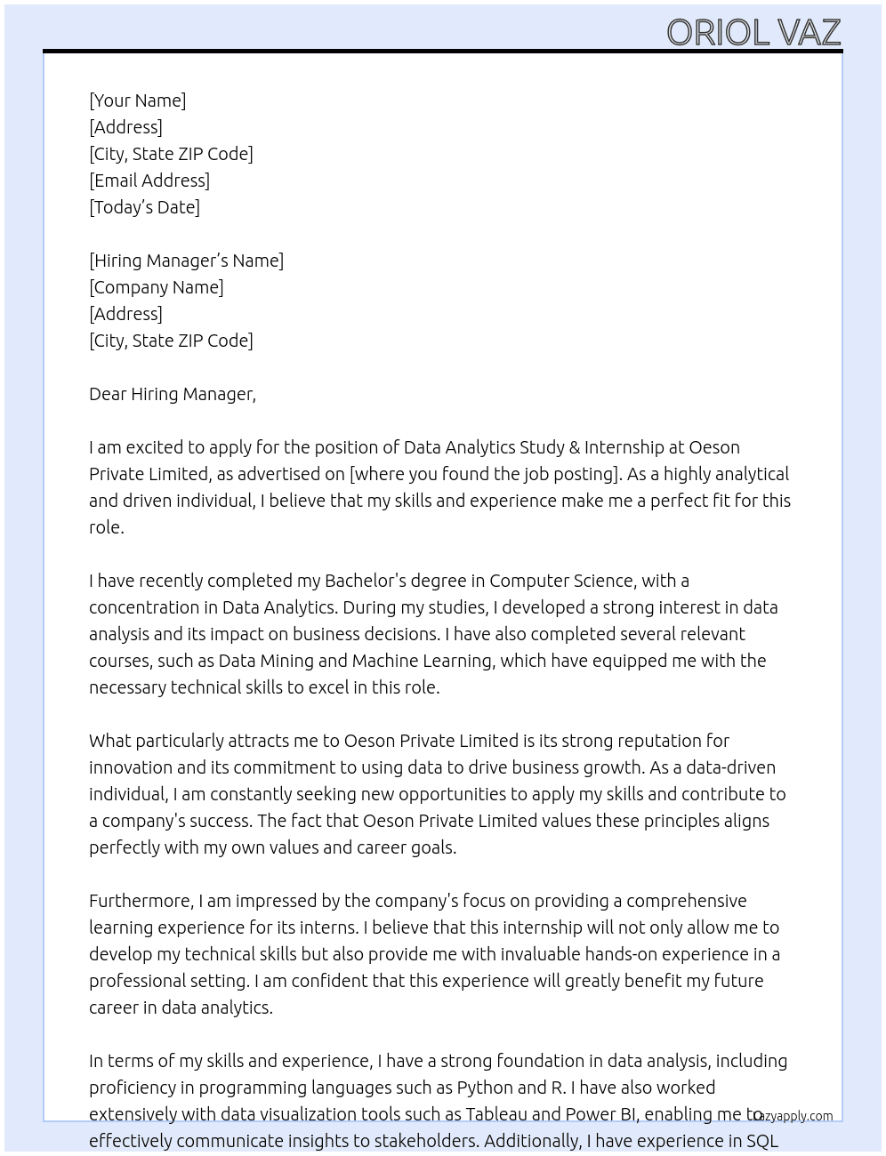 Data Analytics Study & Internship At Oeson Private Limited Cover Letter