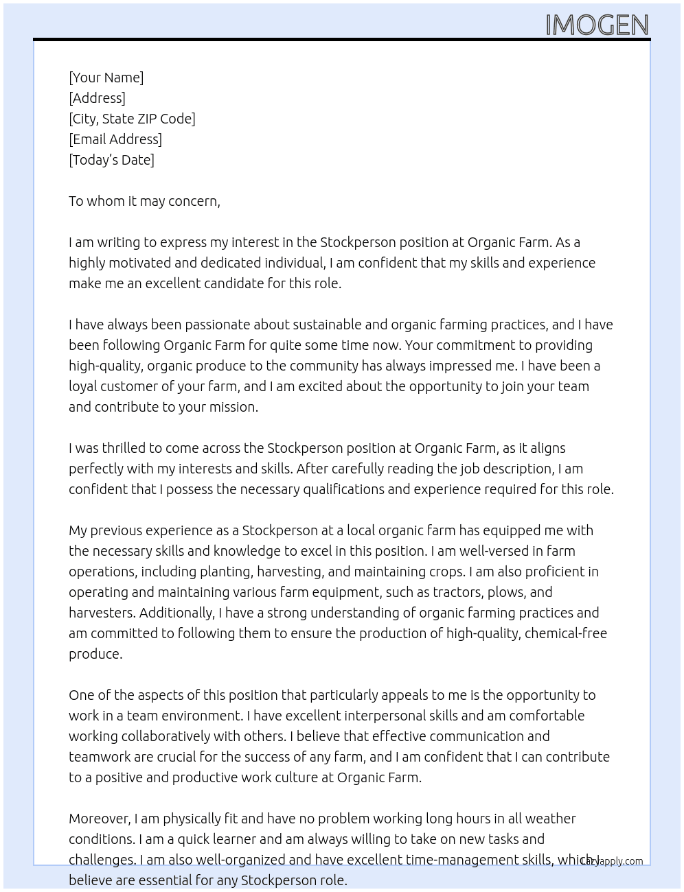 Stockperson At Organic Farm Cover Letter