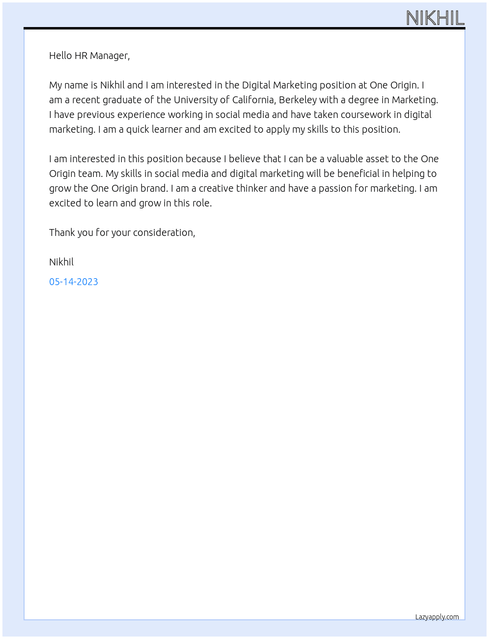 Digital Marketing At One Origin Cover Letter