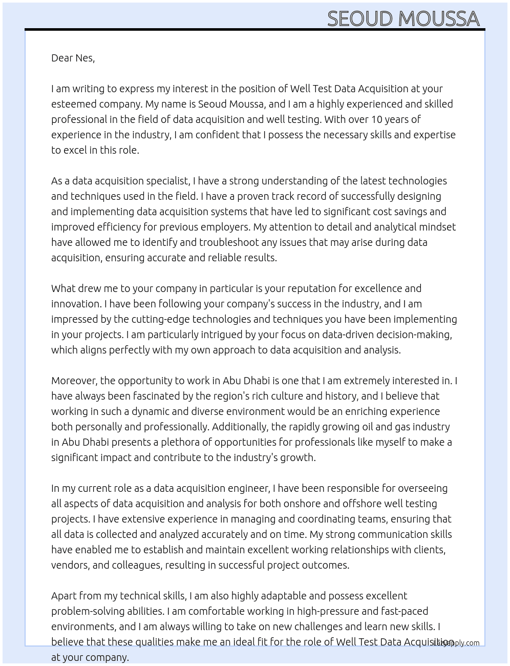 Well test data aquisition  At Nes  Cover Letter