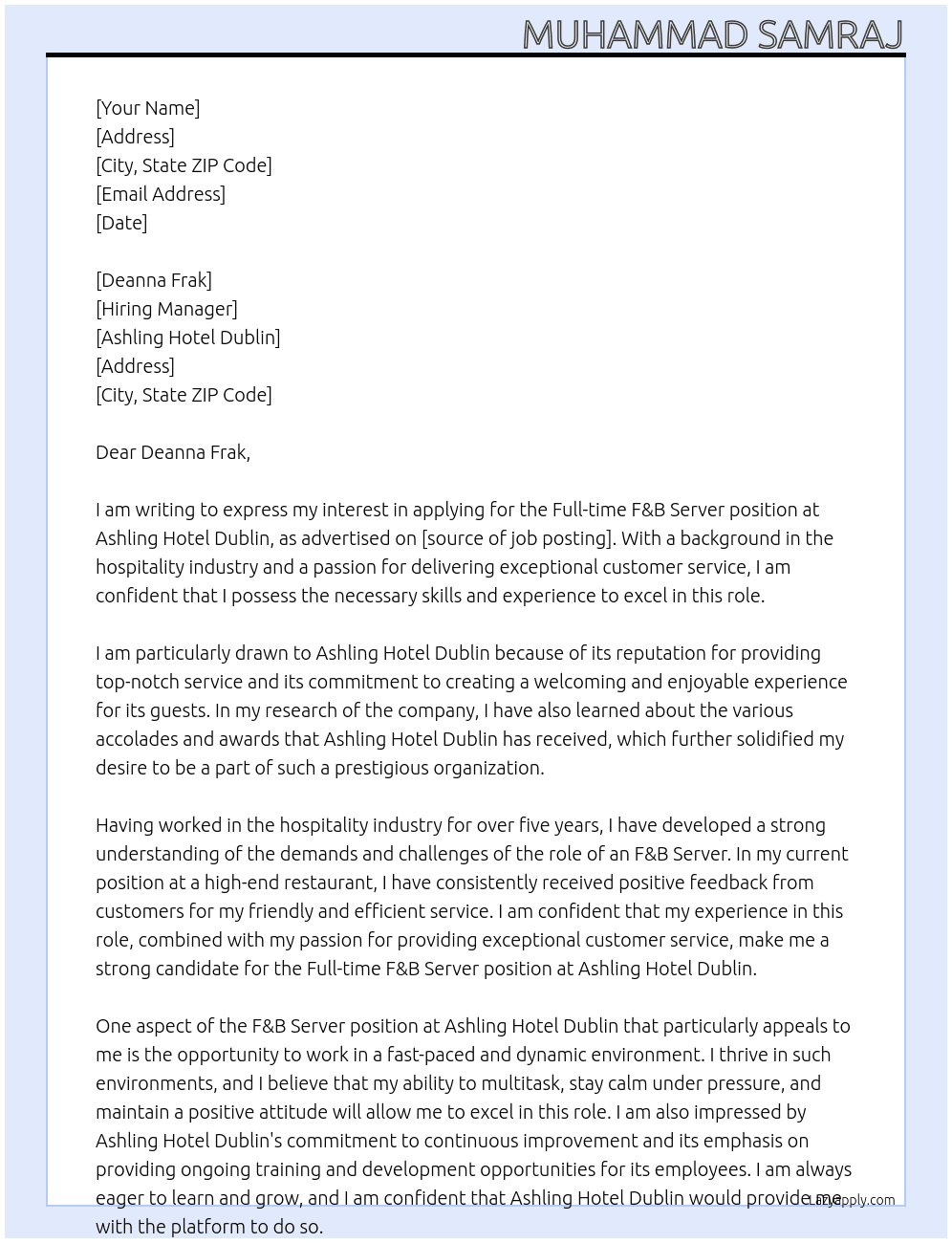Application For Full-time F&B Server At Ashling Hotel Dublin Cover Letter