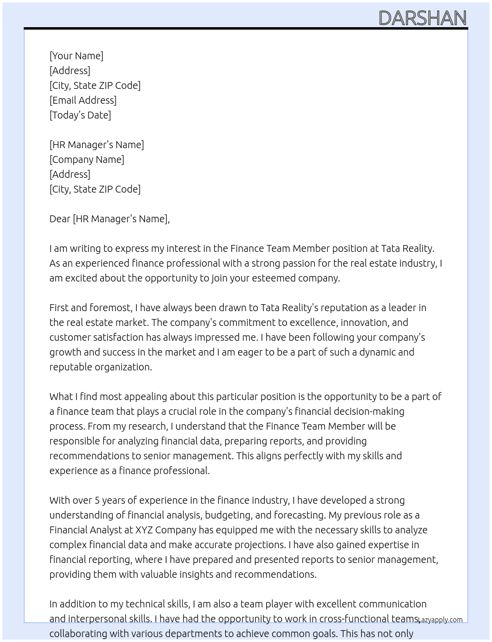 Finance Team Member At Tata Reality Cover Letter