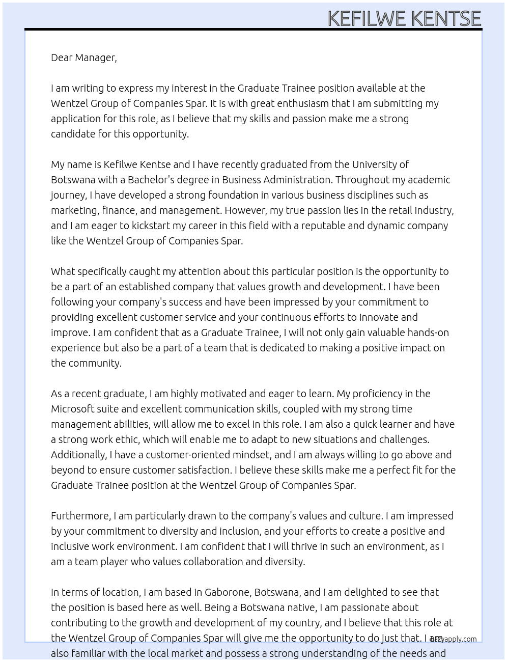 Graduate Trainee  At Wentzel Group of Companies Spar Cover Letter