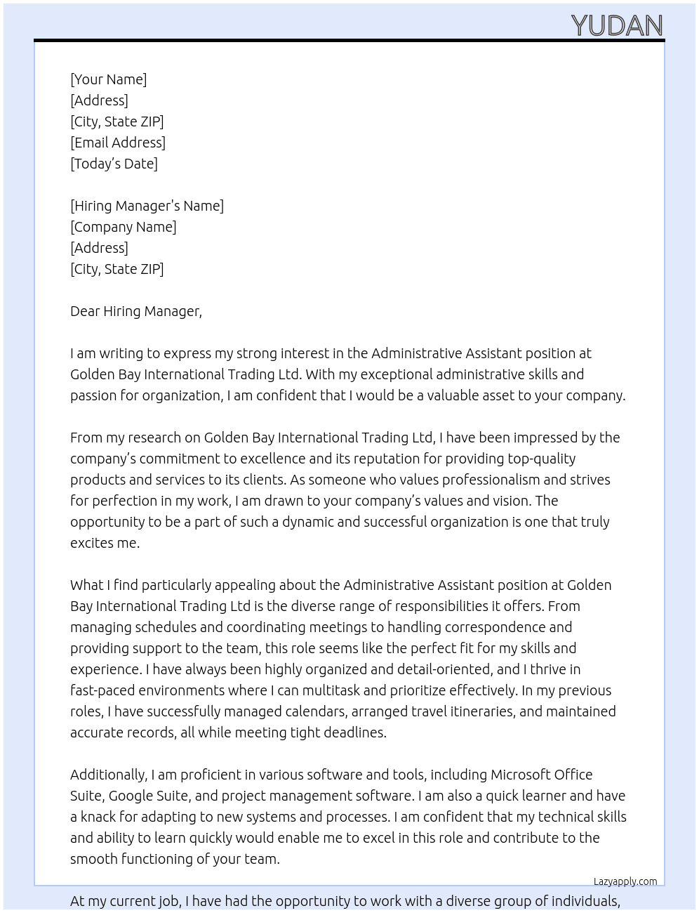 Administrative Assisstant At Golden Bay International Trading Ltd Cover Letter
