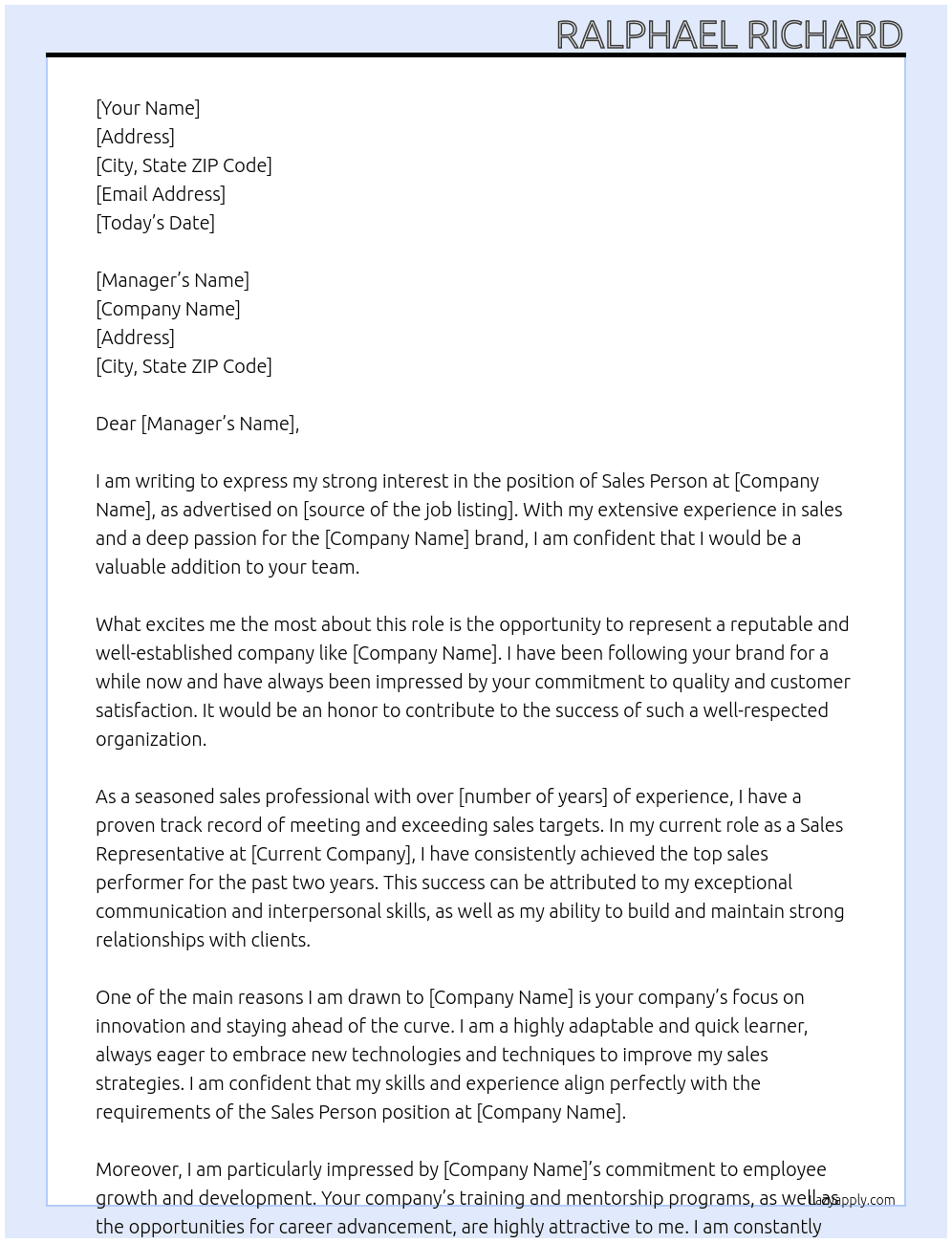 Sales Person At Company Cover Letter
