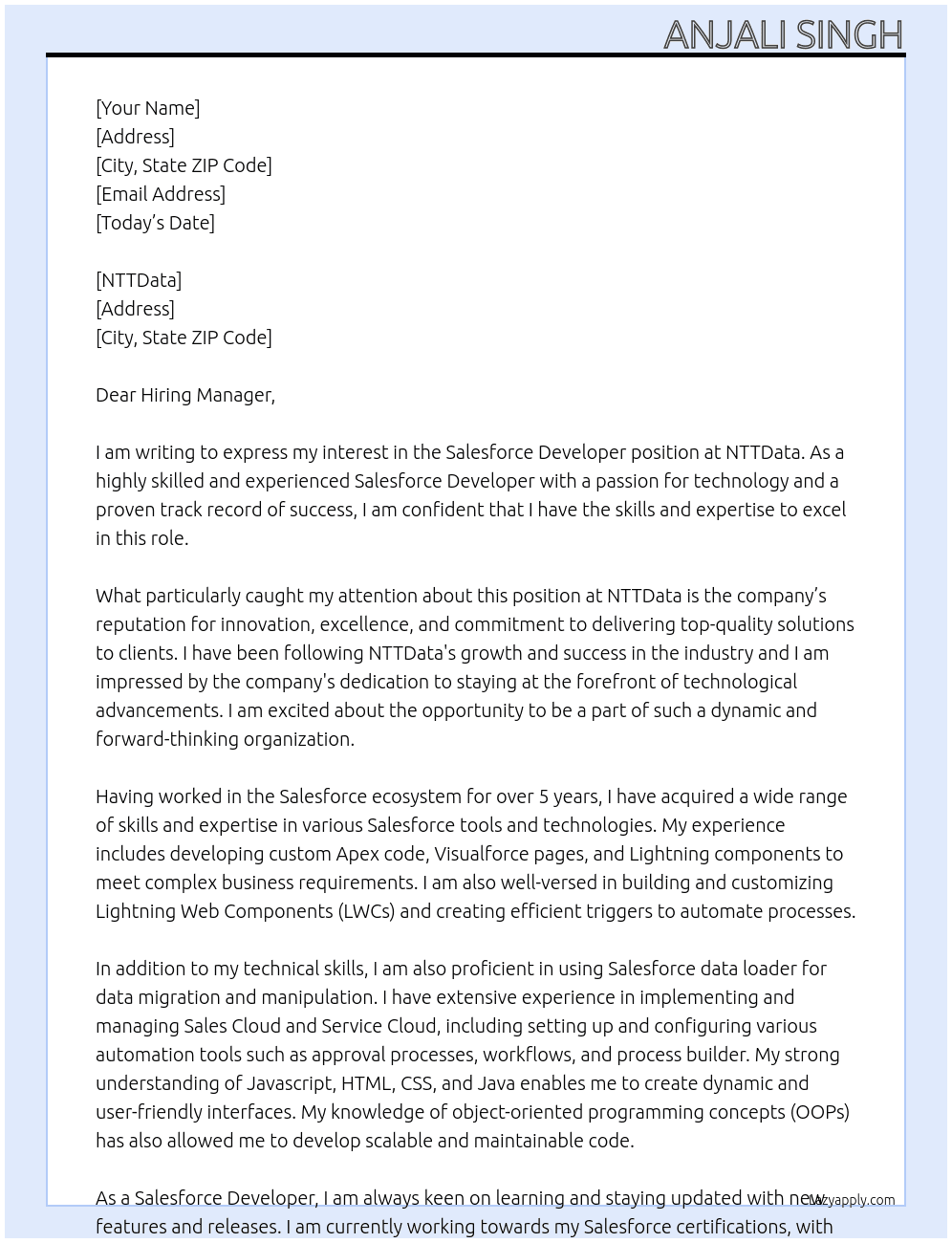 salesforce developer At NTTData Cover Letter