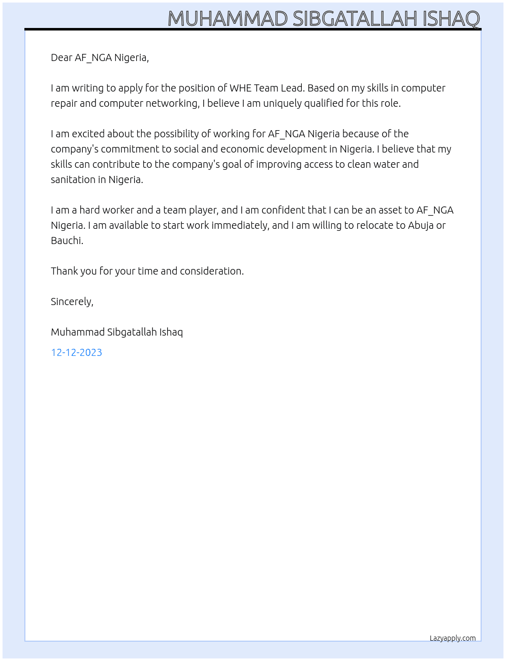 WHE Team Lead At AF_NGA Nigeria Cover Letter