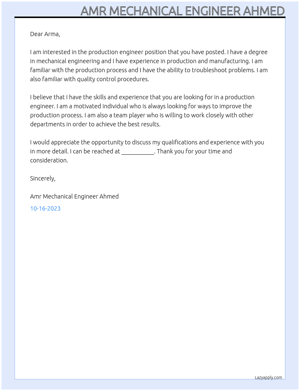 Production engineer At Arma Cover Letter