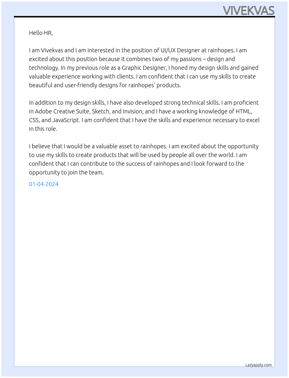 ui ux designer At rainhopes Cover Letter