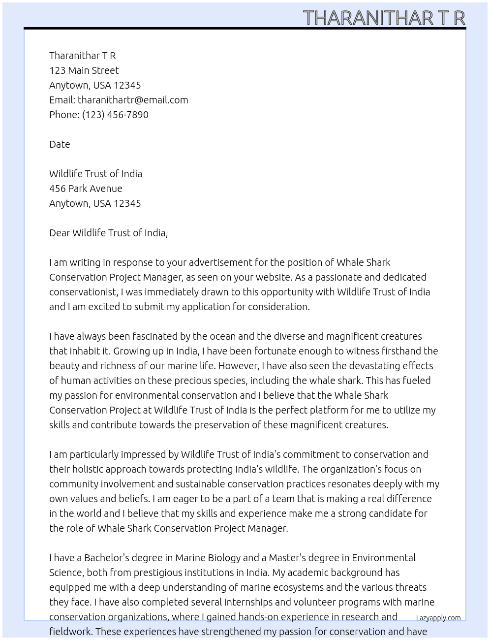 Whale Shark conservation project At Wildlife Trust of India Cover Letter
