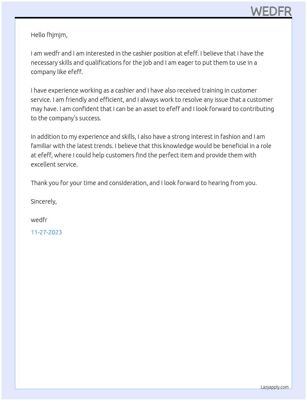 cashier At efeff Cover Letter