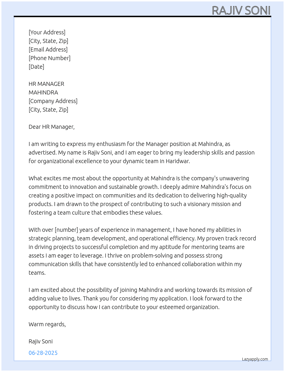 Cover letter for maneger - LazyApply