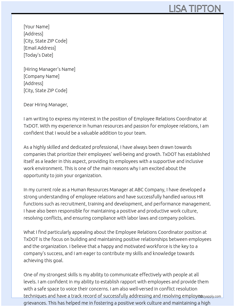Employee Relations Cooridnator  At TxDOT  Cover Letter